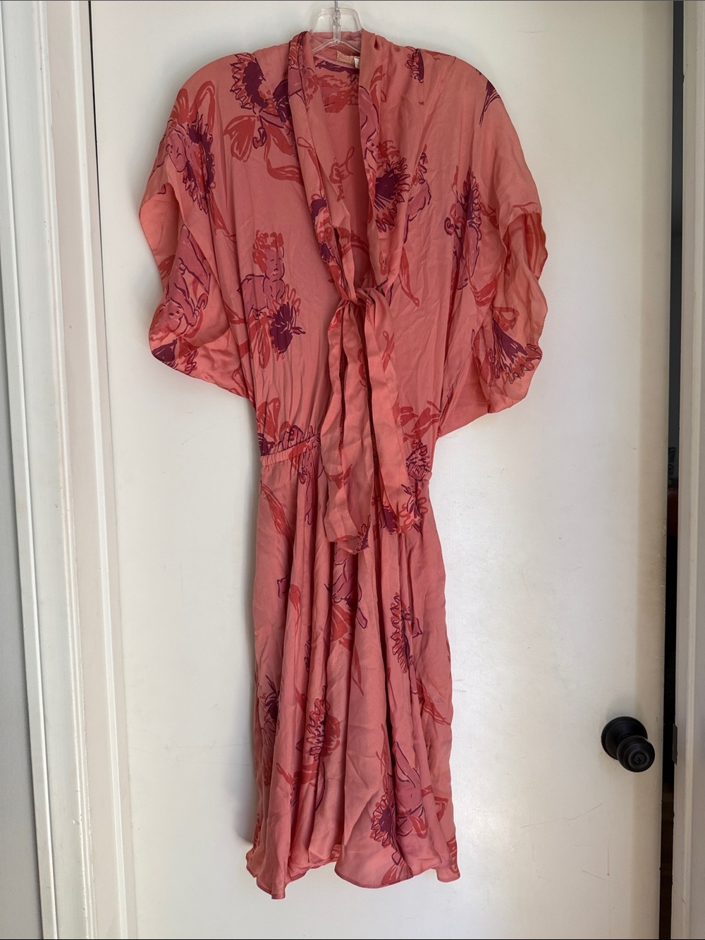 Coral Floral Tie-Front Midi Dress with Kimono Sleeves